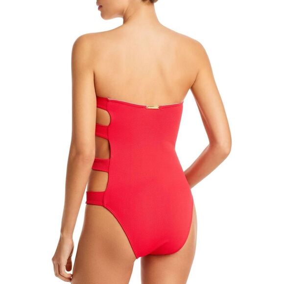 Alexandra Miro Bella Swimsuit Cut-Out Side Gold Heart Buttons Textured Red M NWT - Picture 2 of 10